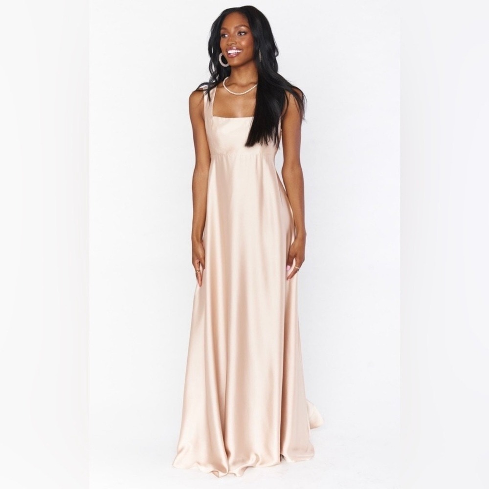 show me your mumu madi maxi gown champagne luxe satin, women size small